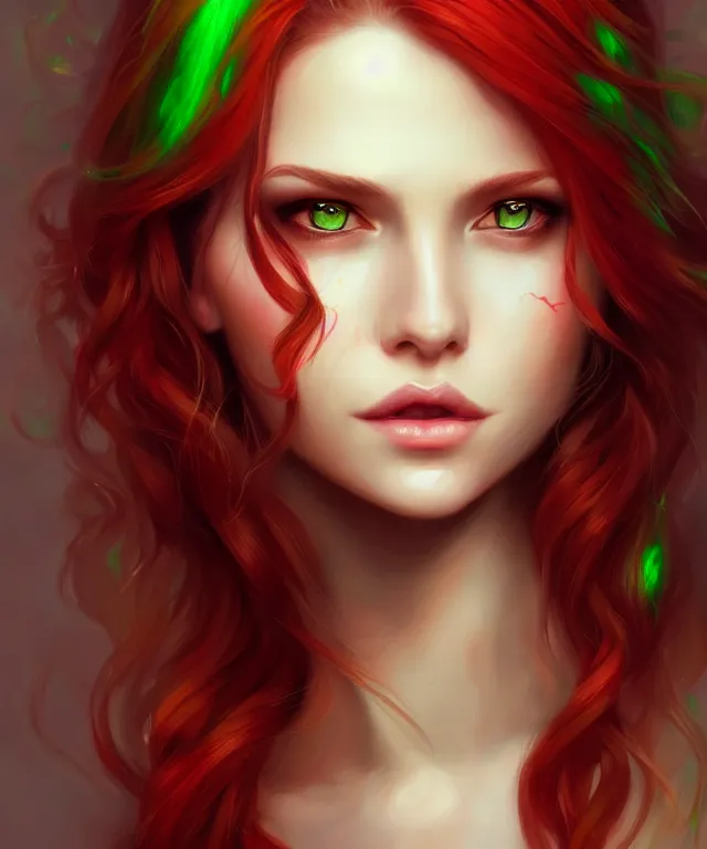 Prompt: Fae teenage girl, portrait, face, long red hair, green highlights, fantasy, intricate, elegant, highly detailed, digital painting, artstation, concept art, smooth, sharp focus, illustration, art by artgerm