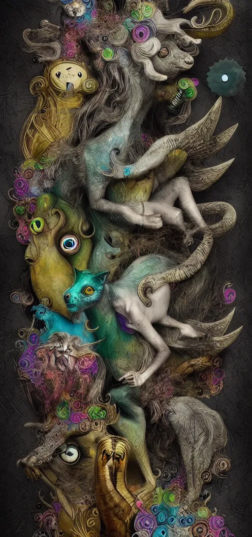 Prompt: strange mythical beasts of whimsy, surreal dark uncanny mixed media colllage by ronny khalil