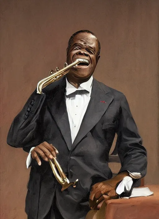 Prompt: a portrait of louis armstrong telling a joke, by joseph christian leyendecker, dramatic lighting, highly detailed digital painting