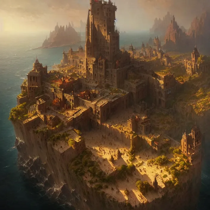 Prompt: matte painting by marc simonetti, jonathan solter, greg rutkowski of an island, masterpiece, cinematic, hyperdetailed, photorealistic, hyperrealism, architecture, aerial view,