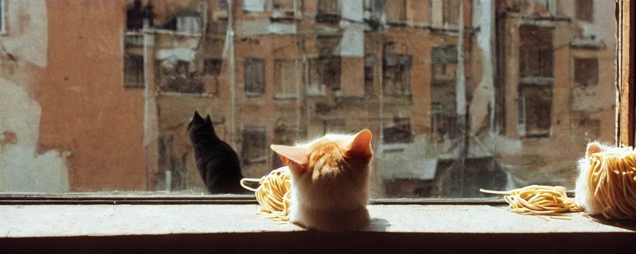 Prompt: a cat playing with spaghetti on a windowsill, city apartment, small details, intricate, sharply focused, canon 5 0 mm, wes anderson film, kodachrome