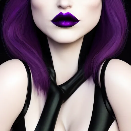 Prompt: portrait of a curvy pale goth woman with a modest elaborate elegant purple-silver-black multilayered latex striped tight high-neck outfit, cgsociety, photorealistic, sublime-cool-badass-hyperadvanced, 16k, smooth, sharp focus, trending on ArtStation, volumetric lighting