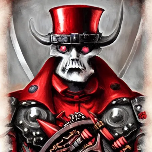 Image similar to warhammer 4 0 k portrait of a man with only one eye and wearign a red top hat in the service of the chaos gods