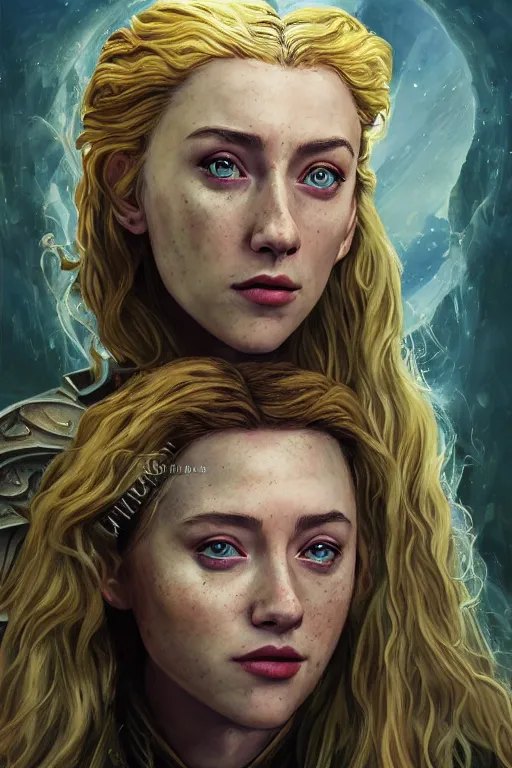 Image similar to A fantasy comic book style portrait painting of, hybrid of Saoirse Ronan, Scarlett Johansson, as an Atlantean, Reptilian Warrior, Mystical Valkyrie, Armor, Sword, Spear, Sheild, François Boucher, Oil Painting, unreal 5, DAZ, hype realistic, octane render, Regal, Refined, Coherent, Detailed Digital Art, RPG portrait, William-Adolphe Bouguereau, Michael Cheval, Walt Disney (1937), Steampunk, golden dappled lighting, dynamic lighting, Highly Detailed, Cinematic Lighting, Unreal Engine, 8k, HD