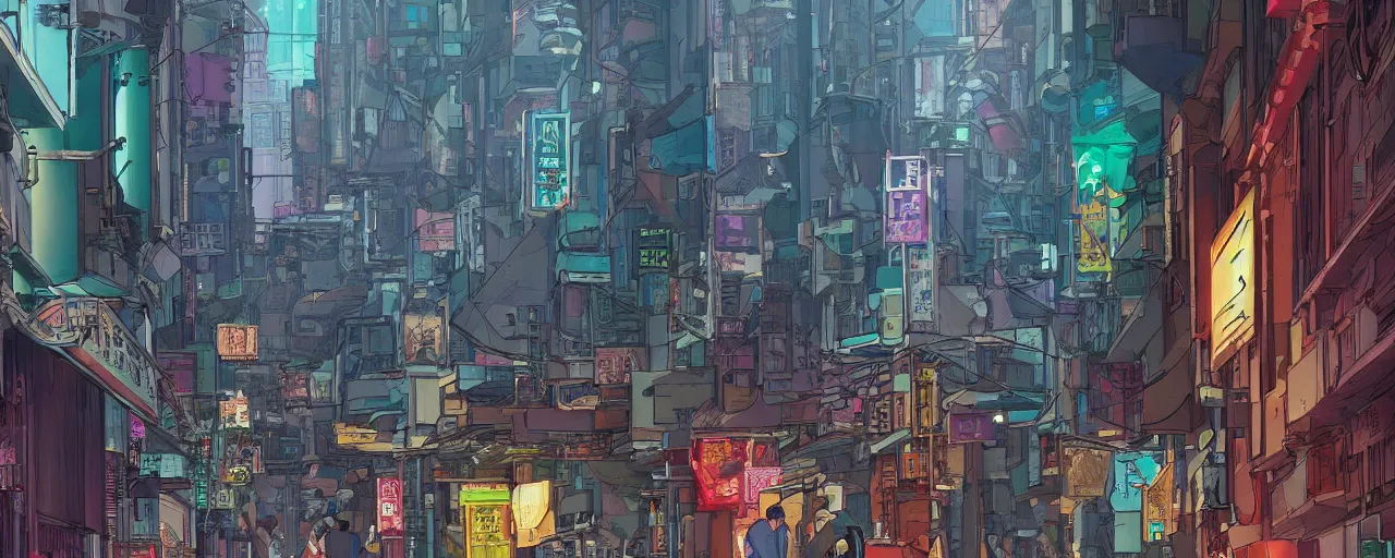 Image similar to a cyberpunk hong kong alley with robots and humans walking around by moebius, pixar color palette, clear details, ground level