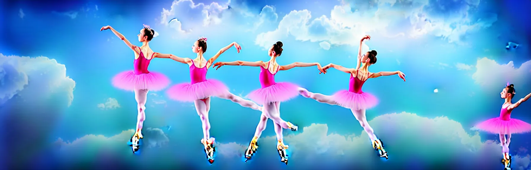 Image similar to two beautiful ballerina girls dancing in the cloud in acrobatic poses; dreamy sky, ultrarealistic, photorealistic, 8K