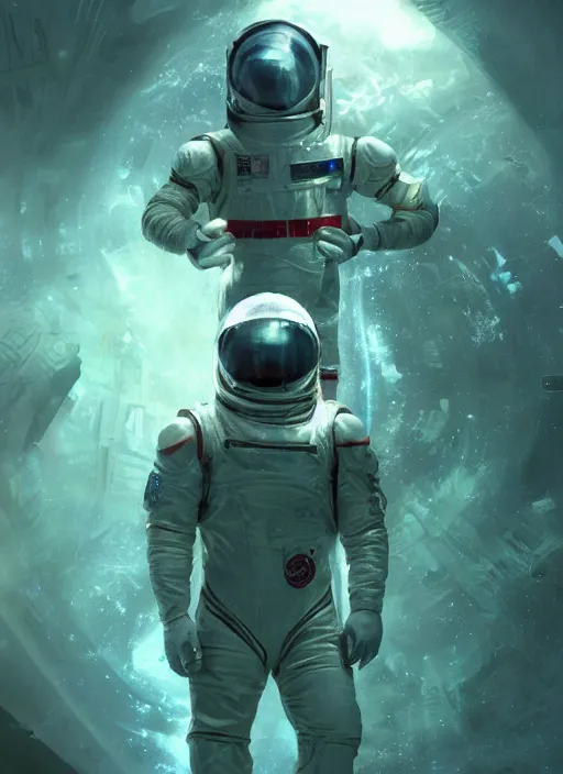 Image similar to concept art by craig mullins infrared complex and hyperdetailed technical astronaut suit in futuristic dark and empty spaceship underwater. reflection and dispersion materials. rays and dispersion of light. volumetric light. 5 0 mm, f / 3 2. noise film photo. flash photography. unreal engine 4, octane render. interstellar movie art