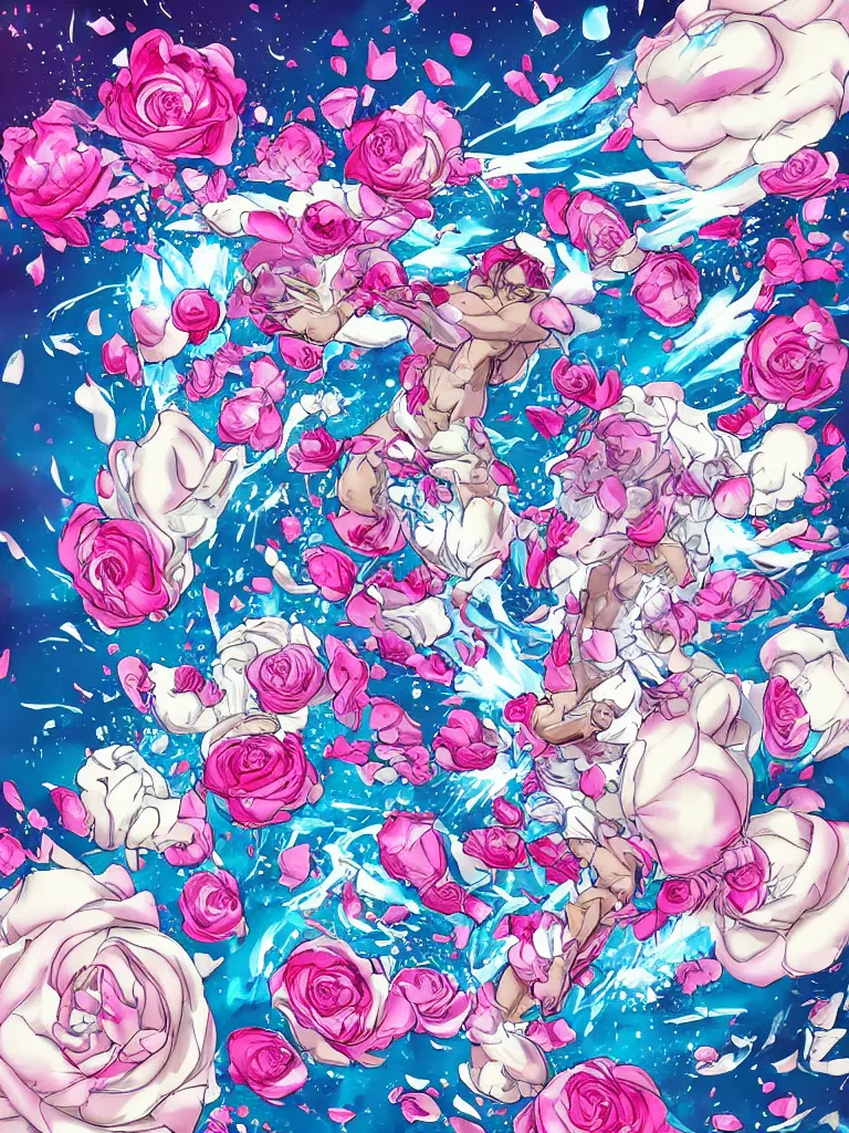 Prompt: hadoken force ball of white and pink roses, flowers exploding and splattering, blue sky, big puffy clouds, spraypaint, wildstyle, totem 2, exploding roses, hodouken, large rose petals, lotus petals, large triangular shapes, studio ghibli anime, radiant lighting, artgerm, manga, trending on artstation, art nouveau, mature colors