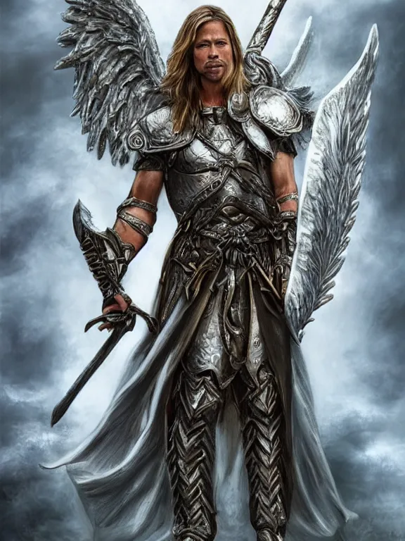 Prompt: Brad Pitt as a male angel warrior priest in a standing pose on a hill, half armor teared apart , holding a shield, vibrant big opened angel wings on her back, D&D, fantasy, highly detailed, digital art, trending on artstation, smooth, sharp focus, illustration, art by Peter Tang and artgem
