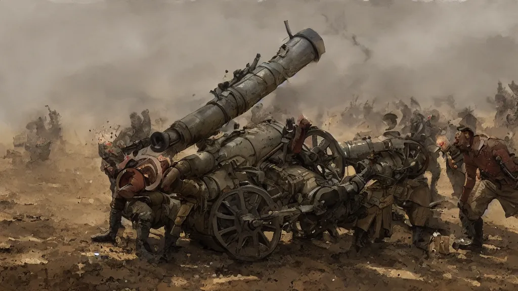 Image similar to artillerist group loading artillery shells into a cannon, rule of thirds, watercolored, jakub rozalski, dark colours, dieselpunk, artstation