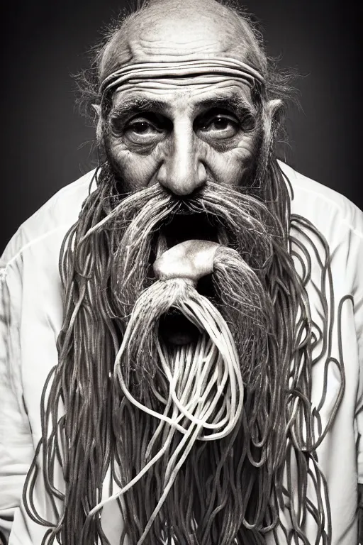 Image similar to extremely detailed portrait of old italian cook, spaghetti mustache, slurping spaghetti, spaghetti in the nostrils, spaghetti hair, spaghetti beard, huge surprised eyes, shocked expression, scarf made from spaghetti, full frame, award winning photo by jimmy nelson