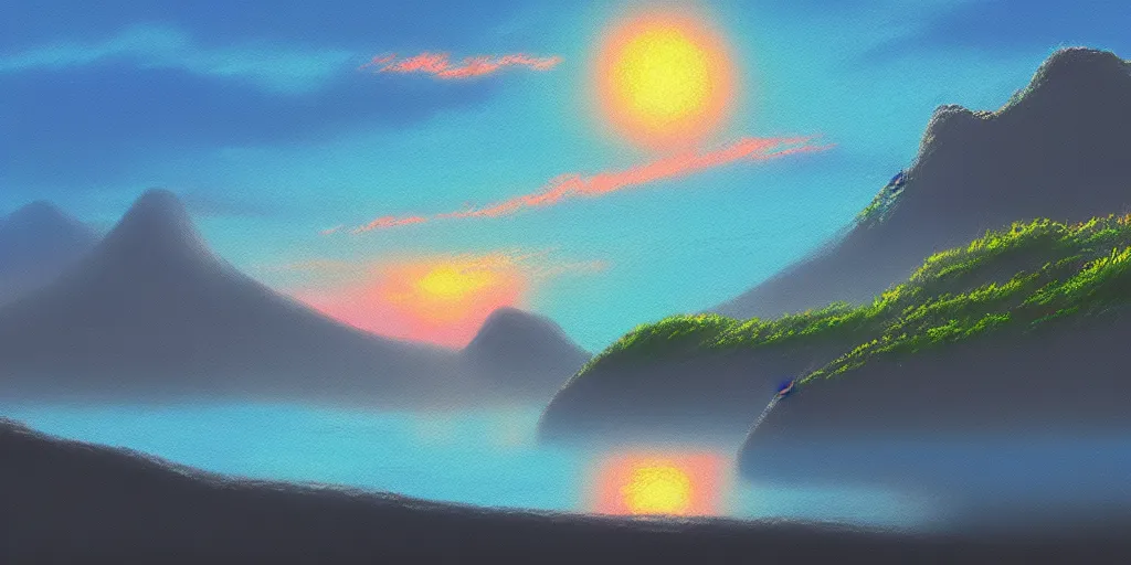 Prompt: a landscape pastel in the style of noriyoshi ohrai and bob ross of rocky islands, dawn. key art. 4 k fantasy