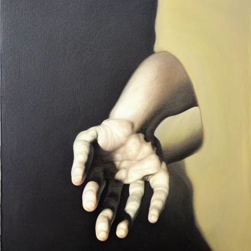 Prompt: white giant hand in a black void, painting by by ralph grady james, jean christian biville