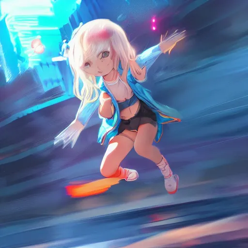 Image similar to Splash art Anime loli, blond hair with pigtails, blue coat and black shorts, she flies by using blue neon powers through the city. Cinematic sunset, faint orange light. Amazing piece Trending on Artstation