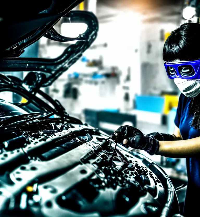 Image similar to a photo close up a female mechanic working on engine of a cyberpunk supercar, wearing mask, japanese tuning garage, cyberpunk gunma prefecture, midnight, photorealistic, cinematic color, studio lighting, highly detailed, bokeh, style by tomino - sama