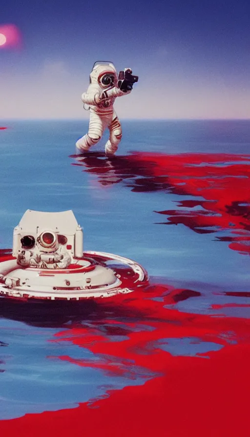 Prompt: astronaut in ocean drowning in red water, high noon, rendered in octane, matte painting sci-fi artwork by syd mead