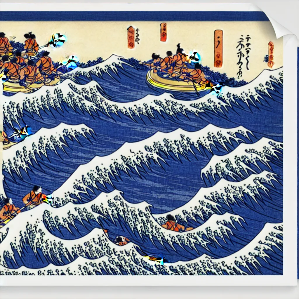 Prompt: river rafting on great wave by hokusai