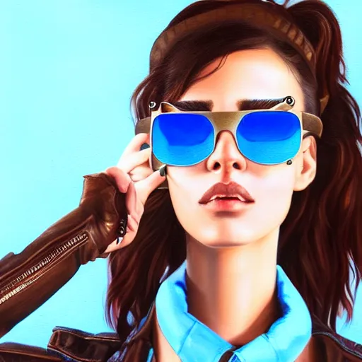 Image similar to closeup painting of a very beautiful young mexican cyberpunk woman smirking, wearing light blue shutter shades and a dark brown leather jacket, one side haircut, long brown hair with light blue ends, portrait, hyperdetailed, artstation, cgsociety, 8 k, synthwave by tangerine dream