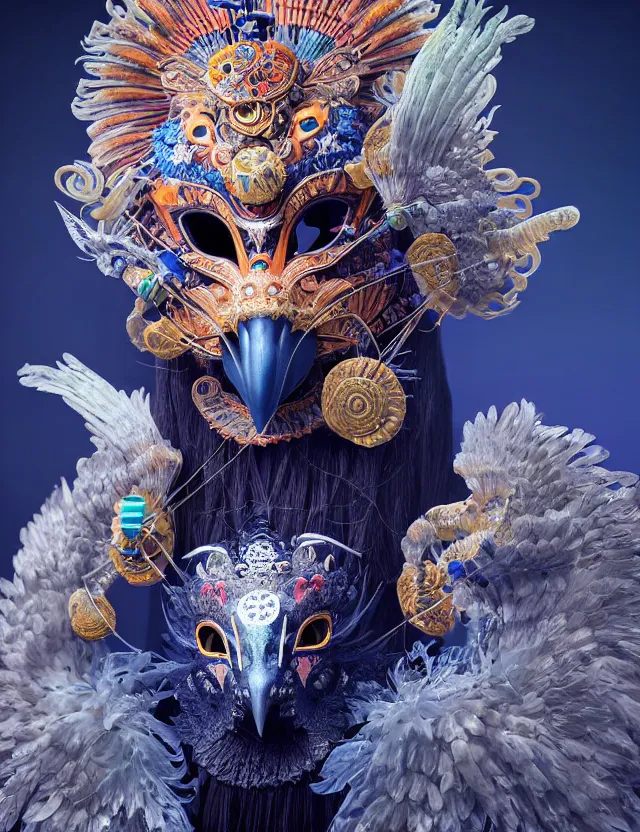 Prompt: 3 d shaman in venetian mask close - up profile portrait. beautiful intricately detailed japanese crow kitsune mask and clasical japanese kimono. betta fish, jellyfish phoenix, bio luminescent, plasma, ice, water, wind, creature, artwork by tooth wu and wlop and beeple and greg rutkowski