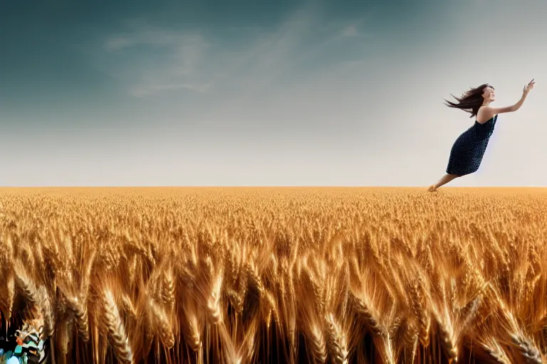 Image similar to photograph of a fashion model flying over a wheat field. photography by julia hetta, cinematic, elegant, real dlsr photography, sharp focus, 4 k, ultra hd, sense of awe