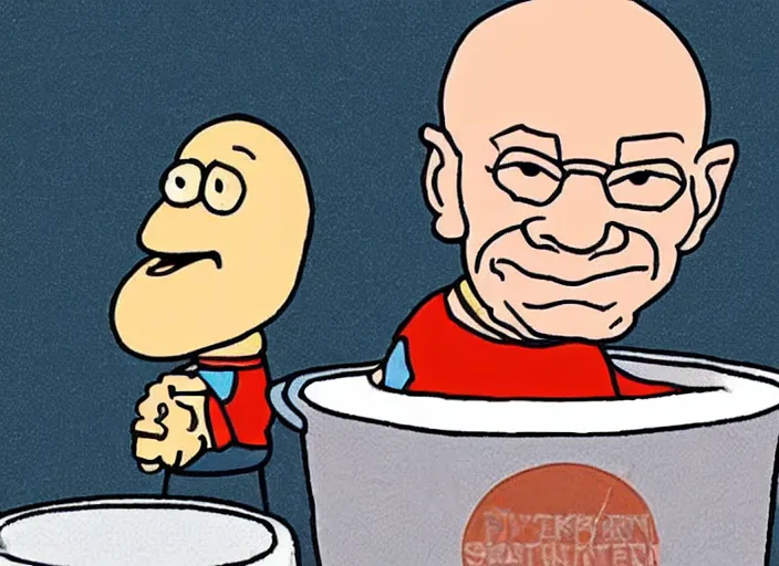 Image similar to a cartoon of patrick stewart sitting inside a big pot of stew