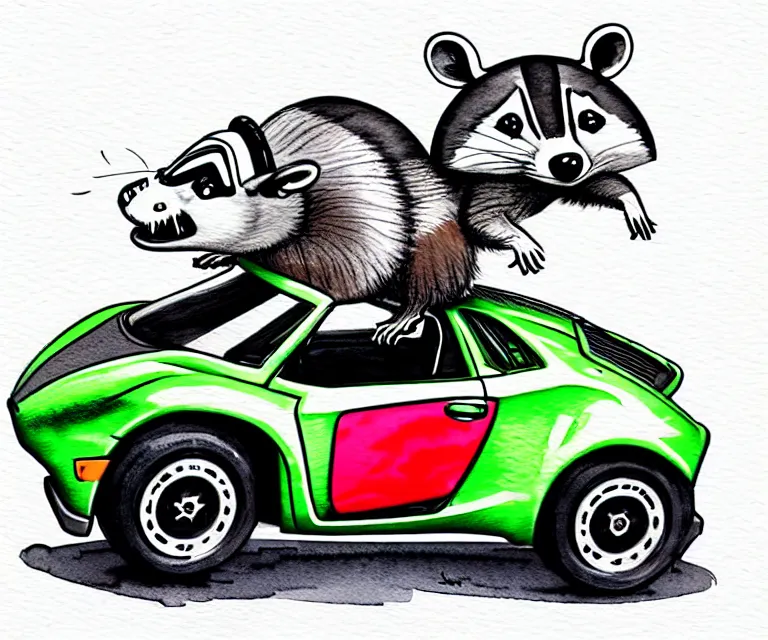 Image similar to cute and funny, racoon wearing a helmet riding in a tiny 2 0 2 0 lamborghini huracan sto, ratfink style by ed roth, centered award winning watercolor pen illustration, isometric illustration by chihiro iwasaki, edited by range murata