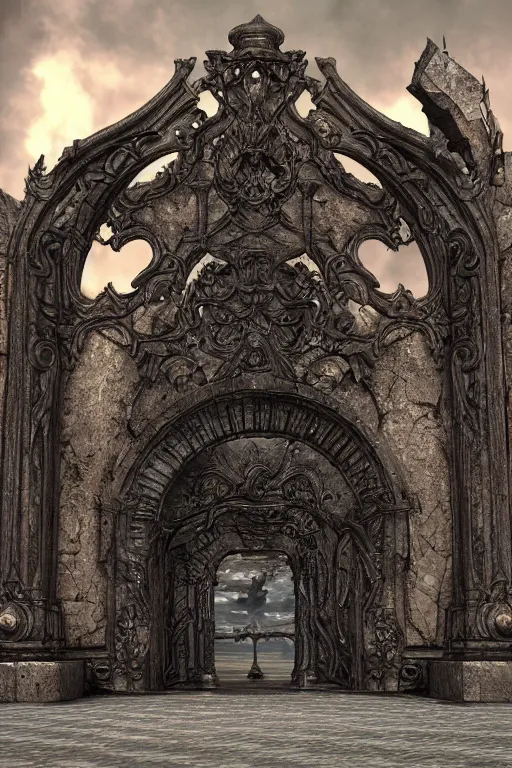 Image similar to a portal gate to hell. hyper - detailed. cast iron. ominous shapes. epic. sinister. medieval. hyper - realistic. octane render