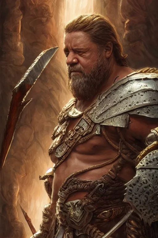 Image similar to ultra realistic illustration, russell crowe as a barbarian warrior from baldurs gate and diablo, intricate from baldurs gate, elegant, highly detailed, digital painting, artstation, concept art, smooth, sharp focus, illustration, art by artgerm and greg rutkowski and alphonse mucha