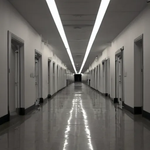Prompt: endless hospital hallways lit by cold fluorescent lights, eerie, liminal, the back rooms, the outer church, plague children