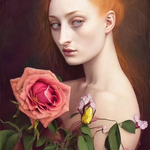 Prompt: sophie turner girl, botanical, yellow rose, marble white complexion, portrait face, colorful, kupka, intricate, miles johnston, kuroda seiki, ozabu, godward, painterly, yoshitaka amano, moebius, miles johnston, louise zhang, james jean, mark ryden lowbrow pop surrealism art style