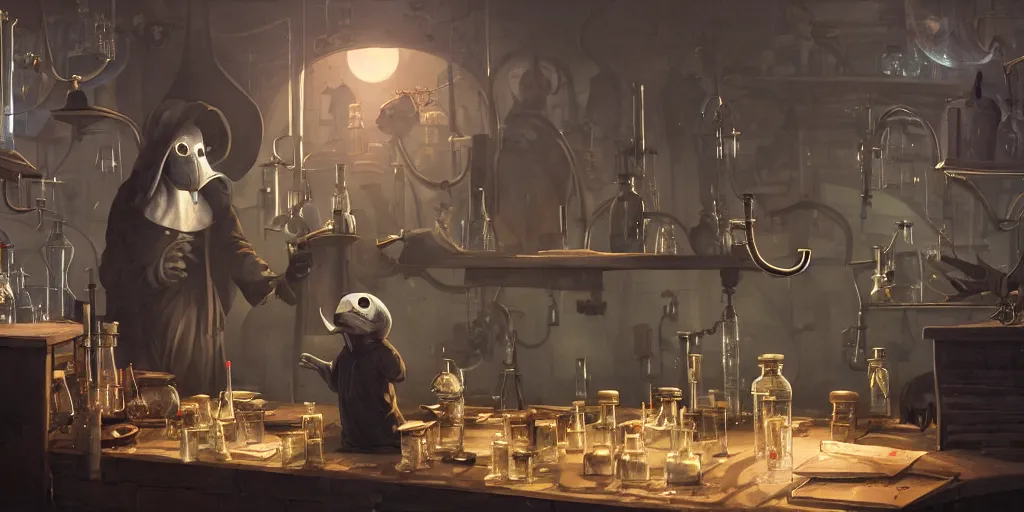 Image similar to a plague doctor and a humanoid rat in a laboratory with lots of flasks filled with magic liquids, stephen bliss, unreal engine, fantasy art by greg rutkowski, loish, rhads, ferdinand knab, ilya kuvshinov, rossdraws, tom bagshaw, global illumination, radiant soft light, detailed and intricate environment