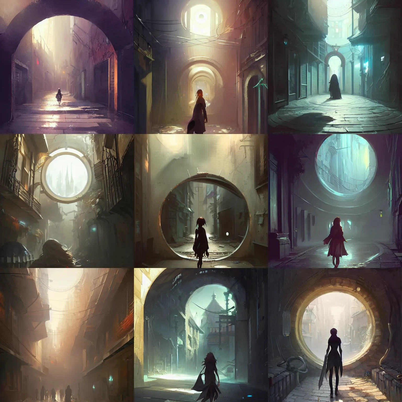 Prompt: alley with a circular magic portal to another world. framed, centralized, ethereal, urban fantasy, smooth, sharp focus, high detailed digital art trending in artstation. artist greg rutkowski