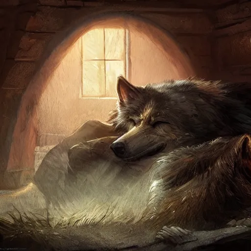 Image similar to medieum shot of a warg wolf sleeping on a mat in a corner of a adobe house, torchlit, concept art by marc simonetti and christophe vacher, trending on artstation