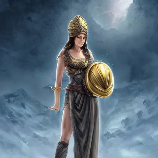 Image similar to young ancient greek woman in golden helmet, giant grey-haired bearded male face in the sky, epic fantasy style art, fantasy epic digital art
