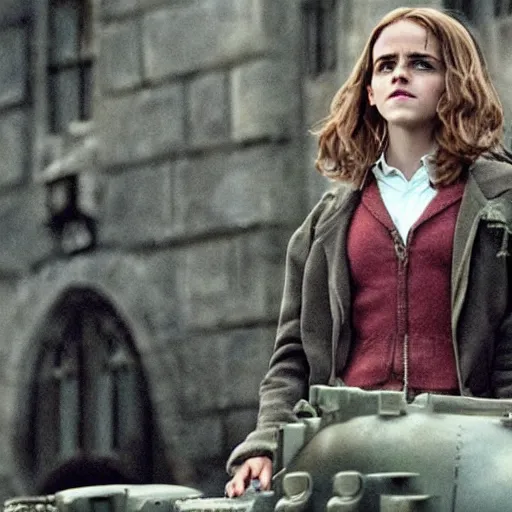 Prompt: Photo of Emma Watson as Hermione Granger on top of a tank in Hogwarts