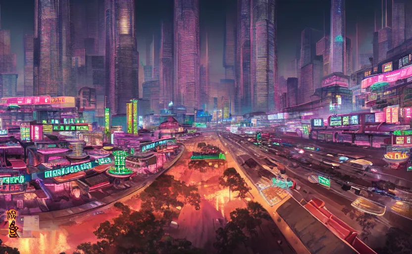 Prompt: Mahjong district on fortune world, the mahjong gambling district on a planet devoted to money and gambling, distant future megacity cityscape, street scene, low camera, cinematic lighting, detailed concept art matte painting, hyperrealistic