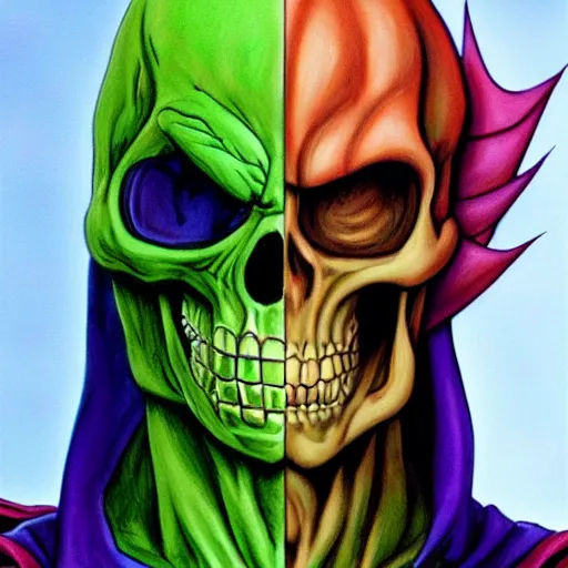 Prompt: ultra realistic portrait painting of skeletor as piccolo, art by akira toriyama, 4 k, ultra realistic, highly detailed, epic lighting