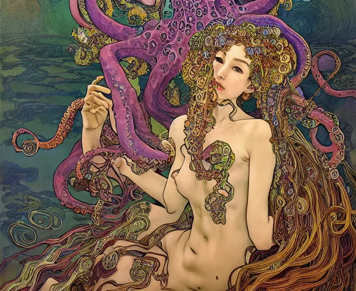 Image similar to portrait of an octopus goddess, full body shot, rule of thirds, wide angle, amazing landscape in background, fantasy, whimsical, horror, art by chengwei pan and alphonse mucha and josephine wall and amanda sage, intricately detailed, highly detailed, luxurious, elegant, clean, unsettling, trending on artstation