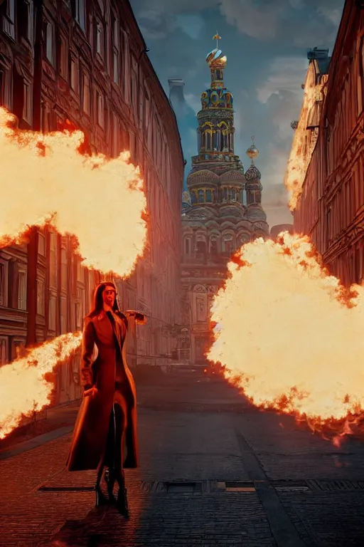 Prompt: in the foreground a street of Saint Petersburg, in the background a magnificent blond woman spitting flames with her hands wearing a long jacket like a matrix, realistic, high definition, many details, dramatic scene, detailed and realistic hands, symmetrical face, realistic eyes, art of unreal engine 5