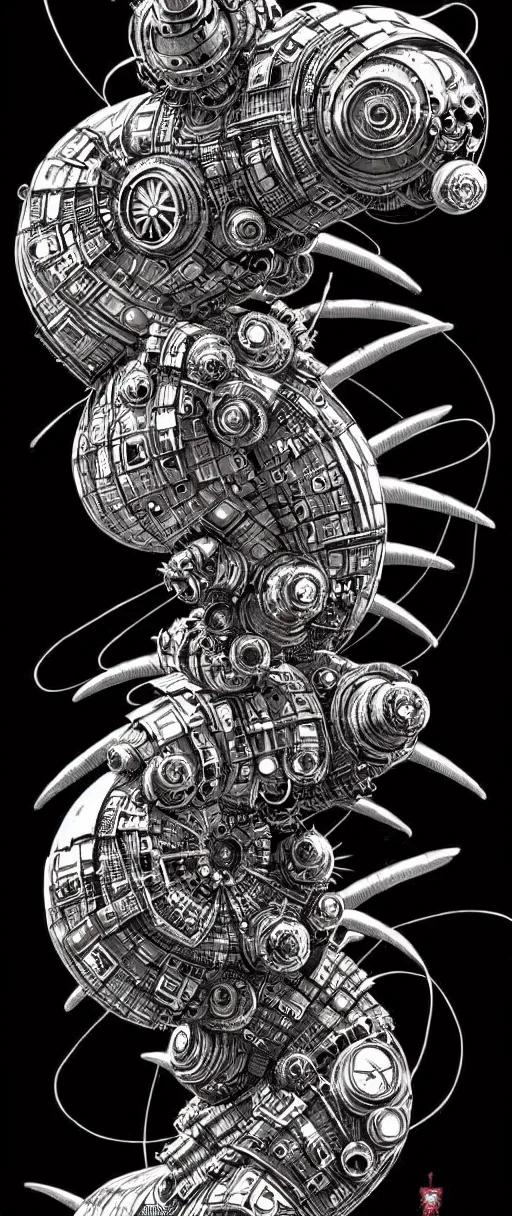 Image similar to cyberpunk steampunk caterpillar, high details, lineart, by vincent di fate and joe fenton, inking, screen print, masterpiece, trending on artstation, sharp, high contrast, hyper - detailed,, hd, 4 k, 8 k