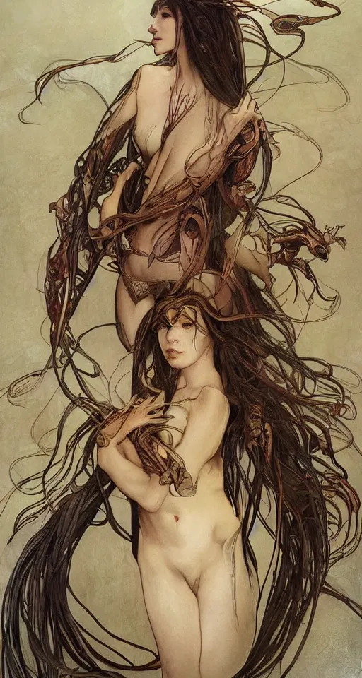 Image similar to 3/4 body portrait of the firedragon queen by artgerm and H R Giger and alphonse mucha, HD, full body dragon concept, flying dragon, Human body with dragon features, beautiful queen, perfect face, perfect body, 10/10 would dream again, fantasy, intricate, elegant, highly detailed, digital painting, artstation, concept art, smooth, sharp focus, illustration, ray tracing, 4k realistic 3d rendered portrait, soft shading, soft colors, relaxed colors, hyperdetailed, wide angle lens, fantasy, futuristic horror, armor style of giger