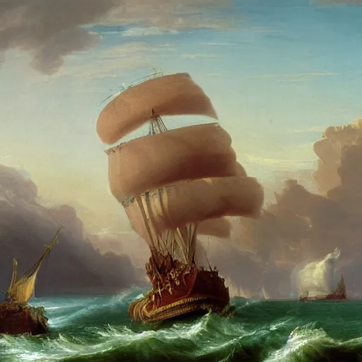 Image similar to an oil painting of an xviii century ship firing its cannons, highly detailed, 4 k, painted by thomas cole