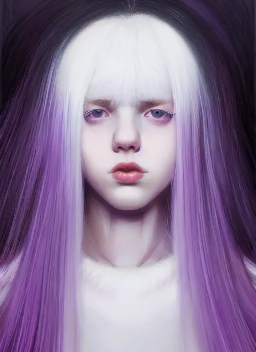 Image similar to hair whitebangs hair, black hair, whitebangsblackhair, portrait of teenage girl with white bangs, red irises, purple clothes, white bangs, bangs are different color from hair, intricate, elegant, glowing lights, highly detailed, digital painting, artstation, concept art, sharp focus, illustration, art by wlop, mars ravelo and greg rutkowski