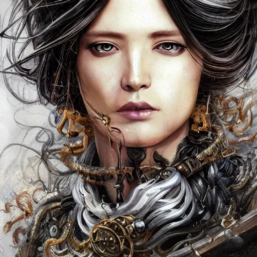 Image similar to portrait, headshot, insanely nice hair style, dramatic hair color, digital painting, of a old 17th century, old cyborg merchant, amber jewels, baroque, ornate clothing, scifi, realistic, hyperdetailed, chiaroscuro, concept art, art by Franz Hals and Jon Foster and Ayami Kojima and Amano and Karol Bak,