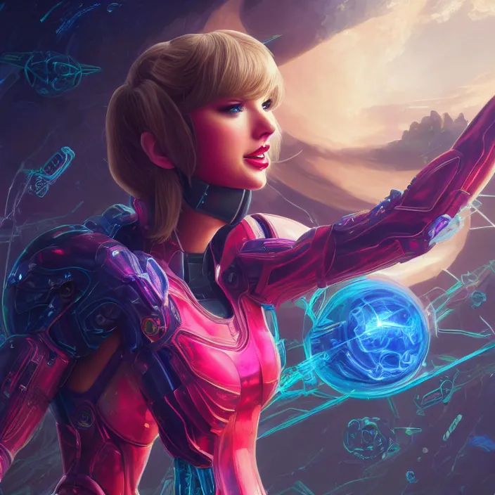 Prompt: portrait of Taylor Swift as SAMUS ARAN. HD, 4K. intricate abstract. intricate artwork. by Tooth Wu, wlop, beeple, dan mumford. octane render, trending on artstation, greg rutkowski very coherent symmetrical artwork. cinematic, hyper realism, high detail, octane render, 8k, iridescent accents. metroid