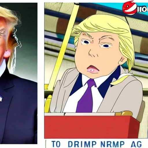 Image similar to Donald Trump as an anime character from Studio Ghibli