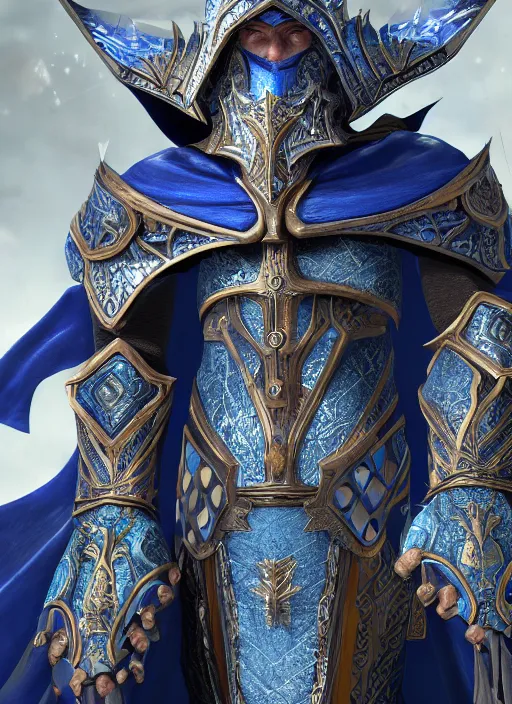 Image similar to concept art, full body portrait of king sorcerers, ornate, Blue and silver, armor, robes, Hyperrealistic, 4K, Unreal Engine, Highly Detailed, Dramatic Lighting, Beautiful