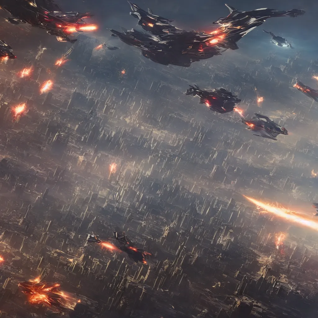 Image similar to [six giant futuristic scifi-bombers] in the center, [a baroque cyberpunk city skyline in the background], [explosions and fire]