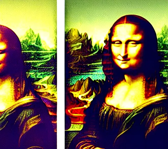 Prompt: color film still of mona lisa painting the mona lisa painting
