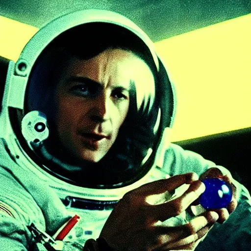 Image similar to incredible Film still of a 1980s sci fi astronaut holding a detailed salt crystal in his hand, astonished look conveying a sense of luxury and greed, dark sci fi atmosphere